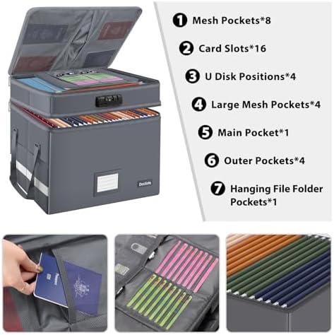 DocSafe File Box with Lock,Multi-Layer Fireproof Document Box Collapsible File Storage Organizer with Pockets/Handle,Large Portable Home Office Filing Box for Hanging Letter/Legal Size Folders,Gray - Image 2