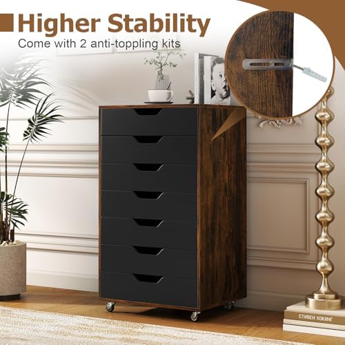 GIANTEX 7-Drawer Storage Cabinet, Mobile File Organizer with 4 Universal Casters, Wooden Vertical Filing Cabinet on Lockable Wheels for Office, Study, Living Room (19.5” x 16” x 34.5”,Brown+Black) - Image 7