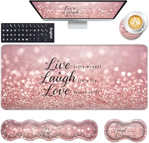 Keyboard Wrist Rest and Mouse Pad with Wrist Support Set Ergonomic Coaster,Memory Foam,Easy Typing Pain Relief,Large XL Desk Mat 31.5"x 11.8",Rose Gold Glitter Quote Live Laugh Love by CICPLKSE