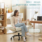 Flip Armrests Criss Cross Office Chair, Reclining Office Chair with Foot Rest, Adjustable Headrest, Massage Waist Pillow, Cross Legged Big and Tall Desk Chair Wide Seat Vanity Chair, White PU Leather - Image 3