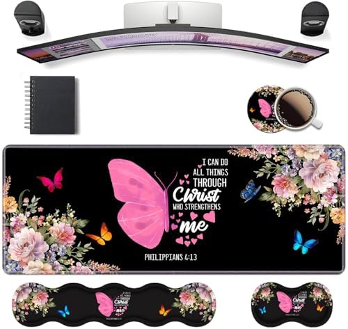 Ergonomic Keyboard Wrist Rest & Mouse Pad Wrist Rest Set, Butterfly Quote Bible Verse Philippians 4-13 Large XXL Gaming Desk Mat 31.5"x 11.8" with Non-Slip Base, Memory Foam for Home Office Study Game by Unknown