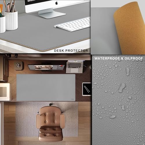 Vyaaa Cork & Leather Desk Mat, 43.3“ x 19.7” Dual Sided Leather Desk Pad, Waterproof Extra Large Desk Mat, Desk Mats on top of Desks for Home or Office (Grey) - Image 3