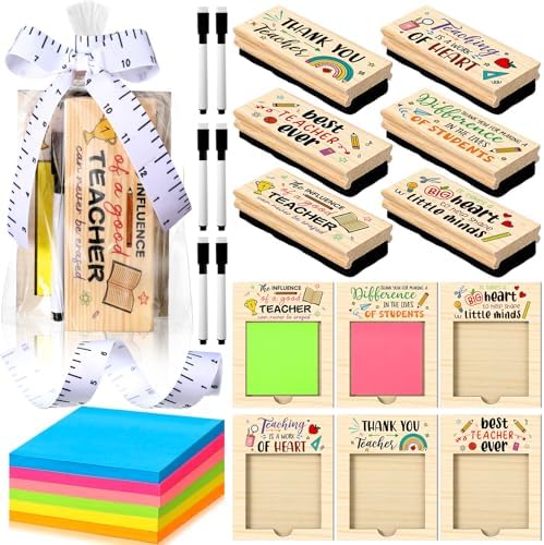 Kosiz 31 Pcs Back to School Teacher Gifts Bulk, Including 6 Thank You Wood Chalkboard Erasers with Markers 6 Note Sticky 6 Wooden Note Holder Measuring Tape for First Day of School Classroom Favor by Kosiz
