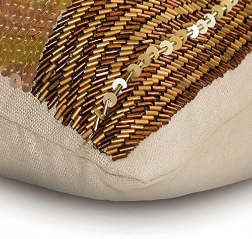 The HomeCentric Decorative Gold & Brown 12"x22" (30x55 cm) Lumbar Pillow Cover, Linen Beaded, Sequins & Embroidery Oblong Pillow, Abstract Pattern Modern Style - Casting A Glow - Image 2