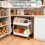 2 Pack Two Tier Rolling Cart with Wheels Small Pantry Floor Organizer Under Desk Storage Metal Short Utility Cart for Small Space, Kitchen Shelf Laundry Room Bathroom Organization, White - Image 3