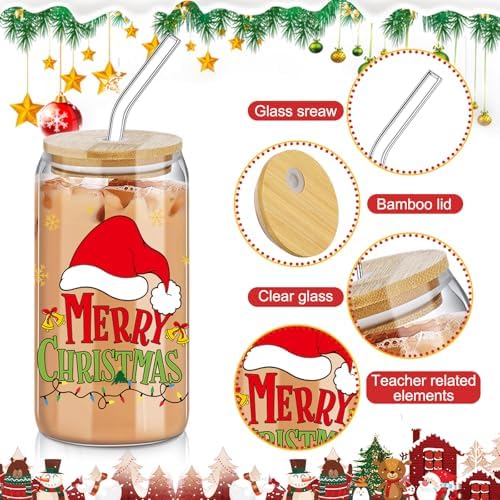 SiliFine 6 Pcs Christmas Glass Cups with Lid and Glass Straw 16 oz Holiday Iced Coffee Cup Xmas Can Shaped Beer Water Glasses Tumbler Christmas Appreciation Gifts for Xmas Party Favors - Image 4