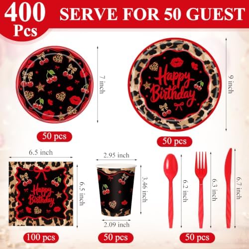 400 Pcs Red Cheetah Print Birthday Decoration for 50 Guests, Red and Black Cheetah Cherry Paper Plates Napkins Cups Cutlery Leopard Tableware for Y2K Girls Night Big Mama Party Supply - Image 3