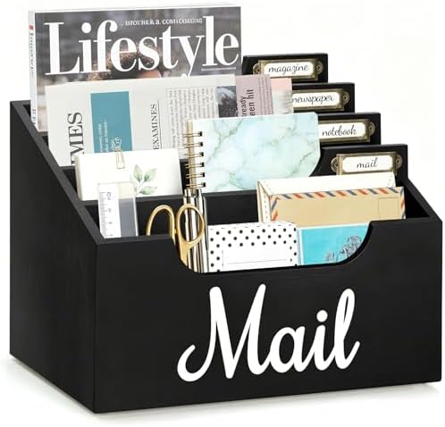 Rustic Wood Mail Organizer Countertop with 4 Slots, Black Mail Holder for Desk, Removable Dividers Mail Sorter, Letter Bill File Organizer for Home Office Classroom, Desktop Organizer with Free Labels by Susoct