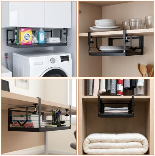 WELTOKE Under Shelf Storage Basket Organizer, Expandable Under Cabinet Shelf,Heavy Duty Metal Cabinet Hanging Shelf For Kitchen Cupboard Cabinet Pantry Laundry Desk Bookshelf Garage, Black(1 Pack) - Image 7