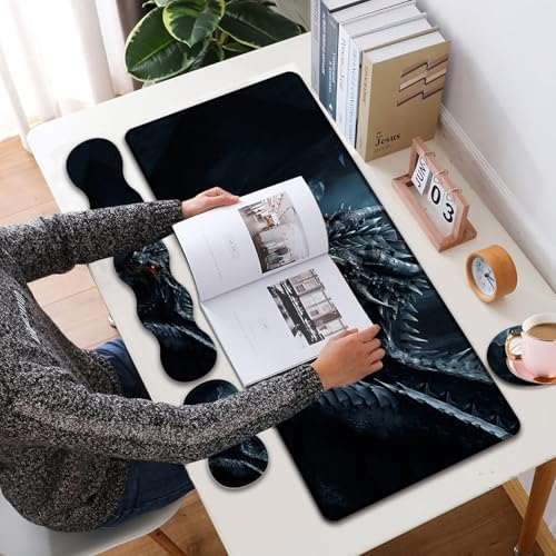 4 in 1 Mouse Pad Combo, Large Gaming Mouse Pad + Keyboard Wrist Support + Mouse Wrist Rest + Coaster, Table Pad 31.5 "x 11.8" with Memory Foam Ergonomic Wrist Pad Set, Cool Dark Dragon - Image 2