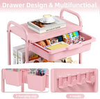 KINGRACK 3 Tier Metal Rolling Cart with Drawer, Pink Utility Storage Cart - Image 5
