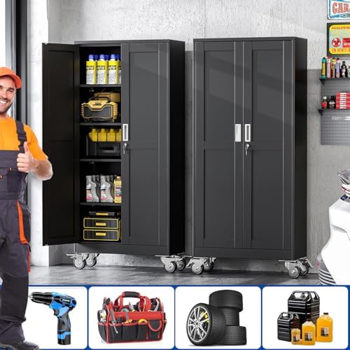 GAIOUS Metal Garage Storage Cabinet with Lock, Steel Tool Cabinet with 2 Door and 4 Adjustable Shelves, 71” Tall Lockable File Cabinet with Wheels, Rolling Cabinet for Home Office Garage Gym - Black - Image 6
