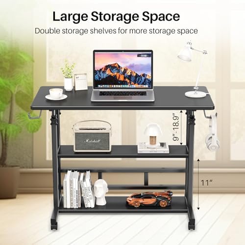 Adjustable Height Standing Desk, Rolling Stand Up Desk with Storage Shelves, 31.5" Small Mobile Computer Desk, Portable Laptop Table (Simple Black) - Image 6