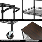 Finnhomy 3 Tier Heavy Duty Commercial Grade Utility Cart with Wood Top, Wire Rolling Cart with Wheels and Handle Bar, Kitchen Carts on Wheels, Metal Cart with 600 LBS Capacity, Black - Image 6