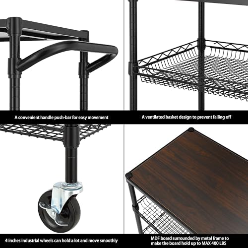 Finnhomy 3 Tier Heavy Duty Commercial Grade Utility Cart with Wood Top, Wire Rolling Cart with Wheels and Handle Bar, Kitchen Carts on Wheels, Metal Cart with 600 LBS Capacity, Black - Image 6
