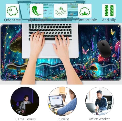 Keyboard Wrist Rest+Mouse Wrist Pad+Desk Pad Set,Memory Foam Ergonomic Easy Typing Pain Relief for Computer Laptop Office Home - Mushrooms and Butterflies - Image 6
