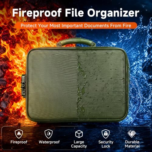 Fireproof Document Box With Lock, 16-Pocket File Organizer, Green - Image 2