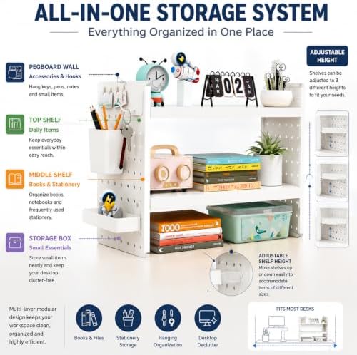 White 2-Tier Metal Desk Organizer with Pegboard & 6 Accessories, 20" × 15" × 8" Adjustable Desktop Storage Shelf for Office, Study & Student Desk - Image 3