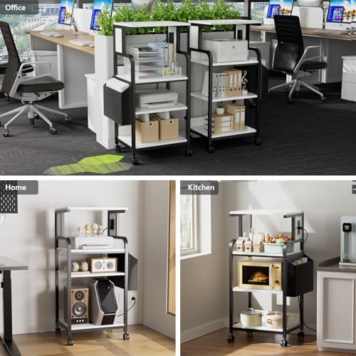 Tall Printer Stand with Charging Station, 4-Tier Mobile Cart, White - Image 6