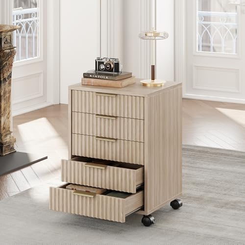 5 Drawer Chest, Under Desk Storage Wood Drawers with Wheels, Fluted File Cabinet for Home Office, Light Oak by Perledesign%E2%80%93WorkinStyle