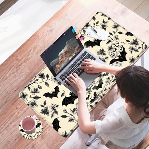 Mouse Pad,Large Desk Mat Set, 4in1 XL Mousepad + Keyboard Wrist Rest+Mouse Wrist Rest+Coaster with Ergonomic Desk Pad for Home Office Table Computer Cover -Floral Bats Pattern - Image 7