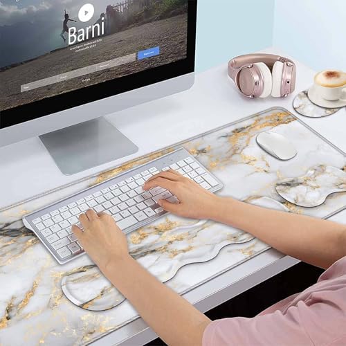 Keyboard Wrist Rest and Mouse Pad Wrist Support Set,Ergonomic Memory Foam Wrist Pad & Non Slip Base for Home Office Working Studying Easy Typing,White Gold Marble - Image 2