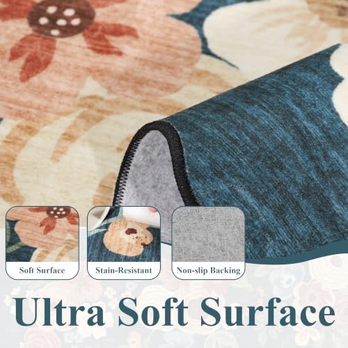 DUKINO 2.6x8 Runner Rug Floral Washable Kitchens Rug Non Slip Prussian Blue - Image 6