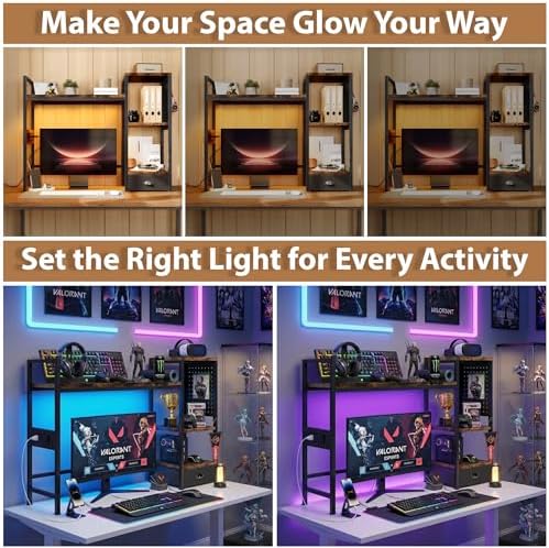 DreamDashio Desk Hutch with Outlets & LED, Desktop Bookshelf with Drawer - Image 3