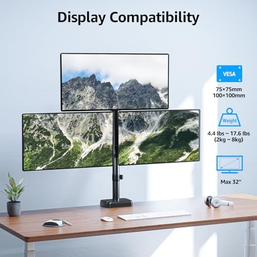 MOUNTUP Triple Monitor Mount for Max 32 Inch Screen, Each Arm Holds 4.4-17.6lbs, 3 Monitors Desk Mount, Triple Monitor Stand for Desk, Adjutable Triple Monitor Arm with Clamp/Grommet Base - Image 2