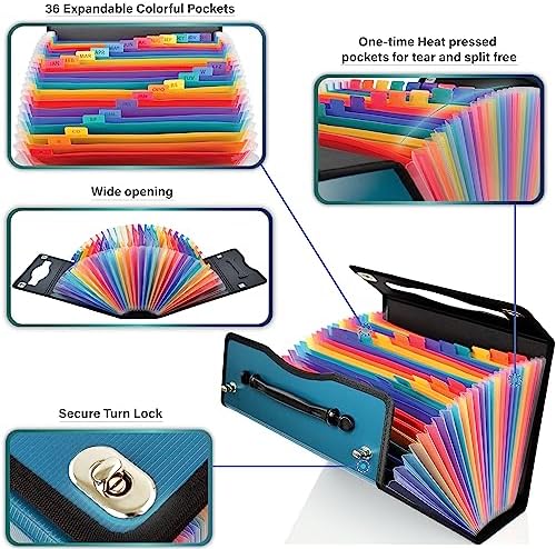 CNK Accordion File Organizer - 36 Pocket Teal Folder with Ergonomic Handle, Double Lock Buckles, Protects Documents, Durable Polypropylene, 8.5 x 11 in - Image 4