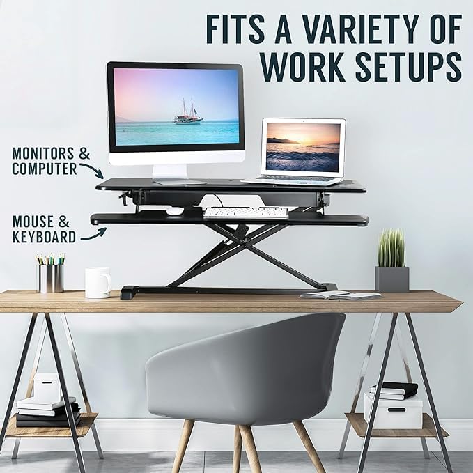 TechOrbits Standing Desk Converter - 42 Inch Adjustable Sit to Stand Up Desk Workstation, MDF Wood, Ergonomic Desk Riser with Keyboard Tray, Desktop Riser for Home Office Computer Laptop, Black 42" - Image 6