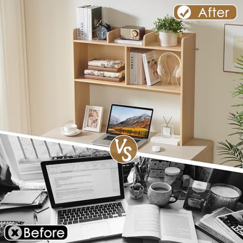 Nromant Desktop Bookshelf, Wooden Desk Storage Hutch with 5 Shelves, 3-Tier Desktop Display Organizer Rack for Office Home (Natural, 5 Shelves B) - Image 6