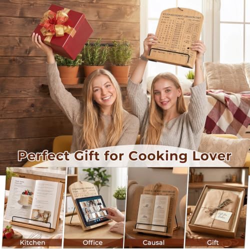 Cookbook Stand for Kitchen Counter, Solid Wood Adjustable with Built-in Kitchen Conversion Chart, Recipe Book Holder for iPad Tablet Cookbooks, Foldable & Portable with Non-Slip Base - Image 7
