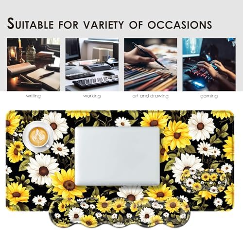 Large Keyboard Mouse Pad Set, Extended Mouse Pad+Keyboard Wrist Rest Support, Memory Foam Ergonomic Easy Typing, 4Pcs (31.5×11.8 in) Desk Pad Set for Office Home,Flower Daisies - Image 7