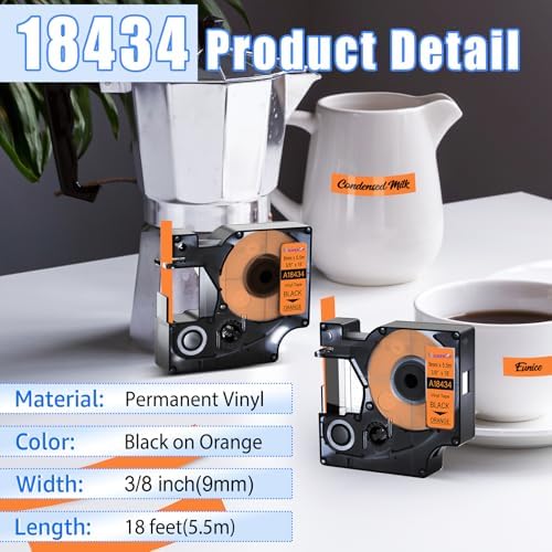 USUPERINK 4 Pack Compatible for Dymo 18434 Black on Orange 9mm 3/8'' x 5.5m 18' Permanent Vinyl Label Tape Work with Rhino Pro 1000 3000 4200 5000 5200 6000 3M PL100 PL150 Industrial Label Makers - Image 2