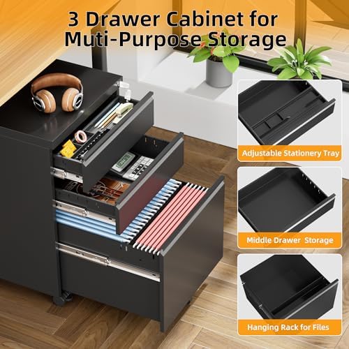 INTERGREAT 3 Drawer File Cabinet, Metal Filling Cabinets with Lock, Locking Office Mobile Cabinet with Wheels for Legal/Letter Size, Under Desk, Assembled Required, Black - Image 6