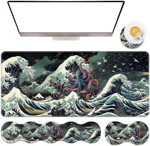 TGFEWYTJYJ Extended Gaming Mouse Pad,Memory Foam Ergonomic Keyboard Mouse Wrist Rest Support Set,Large Desk Mat with Stitched Edges,Non-Slip Base Mousepad Home Office,Octopus in The Japan Waves by GFEWYTJYJ