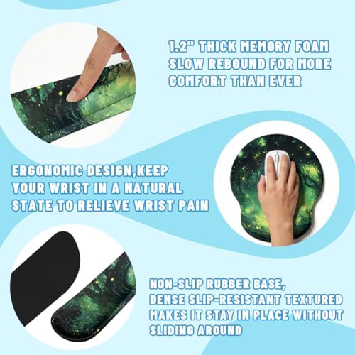 Magic Forest Desk Mat Set Green Fantasy Landscape Large Mouse Pad with Wrist Rest 4in1 Desk Mat for Desktop Ergonomic Keyboard Wrist Support Anti-Slip Computer Ergonomic Mouse Pad Home Office Gaming - Image 3