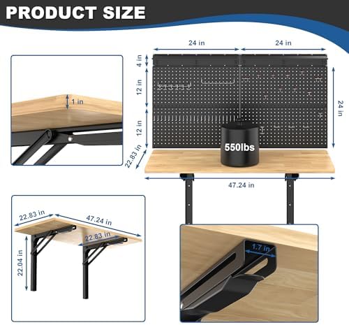 Ultrawall Wall Mounted Workbench with Pegboard, Folding Down Work Table - Image 3