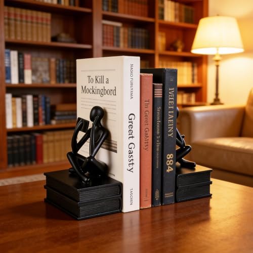 Reading Figurine Book Ends Book Lovers Gifts for Bookshelf Decorations for Readers, Graduates, Students, Teachers, Sculpture Home Decor for Shelves Desk Office Living Room (Black) - Image 3