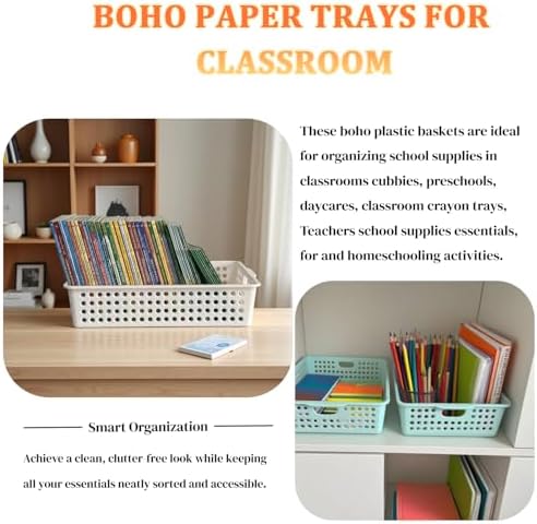 6 Pack Plastic Turn in Paper Trays for Classroom, Storage Bin Baskets, Boho - Image 6