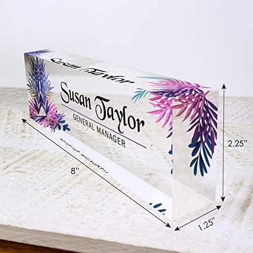Artblox Office Desk Name Plate Personalized | Custom Name Plates for Desks | Leaf Purple Design On Clear Acrylic Glass | Office Desk Decor - (8" x 2.5") - Image 3