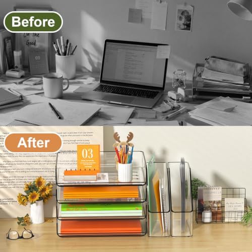 FANXIYQ 4-Tier Acrylic Paper Tray Organizer with Bookends, Paper Organizer - Image 3