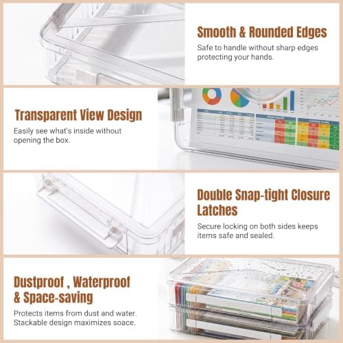 Clear Document Box, Deep A4 Paper Storage Organizer with Snap Latches, Stackable File Case for Certificates Photos Letter Size, Magazine Protector, 14.37" x 9.44" x 2.75" (2 Pack), White - Image 3