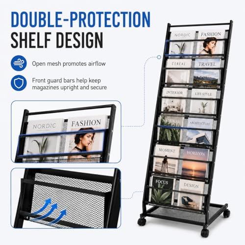 Magazine Rack 6-Tier Display Stand with Wheels, Floor Standing Holder - Image 5