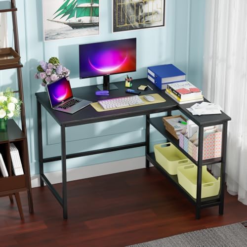 FDW L-Shaped Gaming Desk 43 Inch Computer Desk Corner Desks with Reversible Side Storage Shelves Study Desk Metal Frame PC Work Table for Home Office Dorm Sturdy Writing Workstation, Black - Image 2