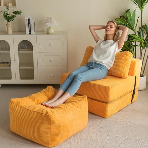 HIGOGOGO Square Stuffed Pouf Ottoman, Corduroy Poufs with Foam Chunk Filling, Furry and Fluffy Pouf Foot Stool Storage Ottoman, 21 X 21 Floor Poufs Foot Rest for Living Room, Orange - Image 6