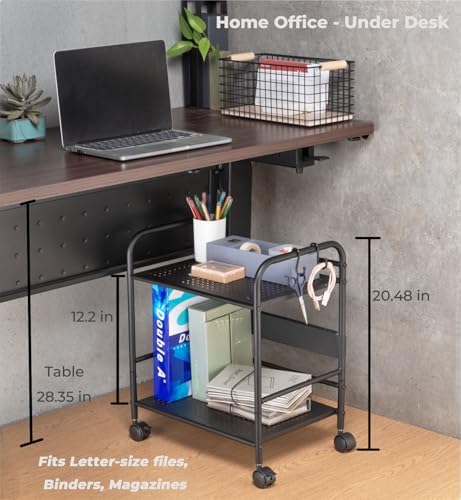 2-Tier Metal Rolling Cart, Compact Under Desk Storage Organizer - Image 3