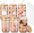 6 Pcs Pink Ghost Halloween Glass Cups with Lids and Straws 16 oz by RimCereal