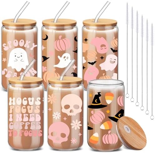6 Pcs Pink Ghost Halloween Glass Cups with Lids and Straws 16 oz by RimCereal